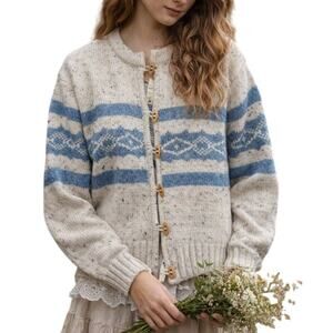 Vintage Y2K Wool Blend Cardigan Bue Cream Size L Deadstock NWT Cottage Cabin